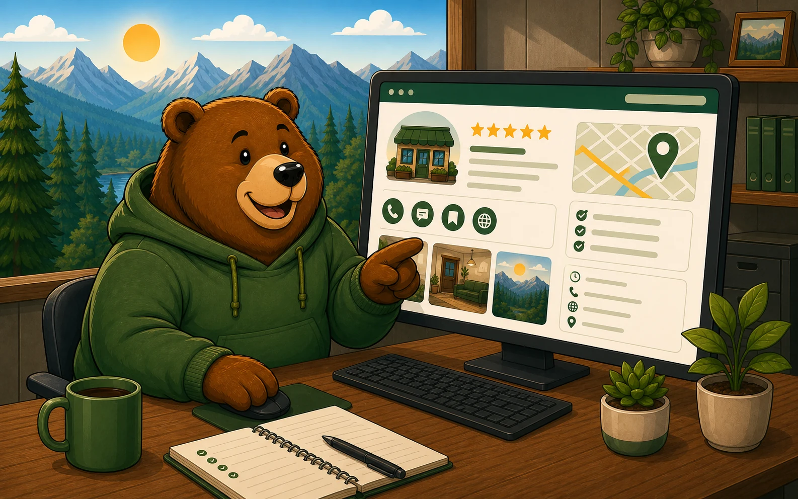 Kodiak bear reviewing a local business profile for search visibility