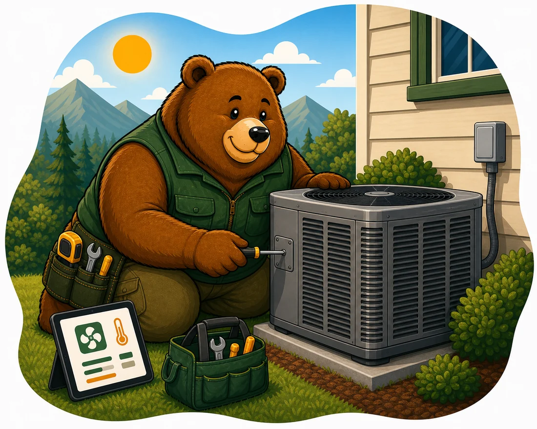 HVAC website design with Kodiak bear servicing an outdoor AC unit