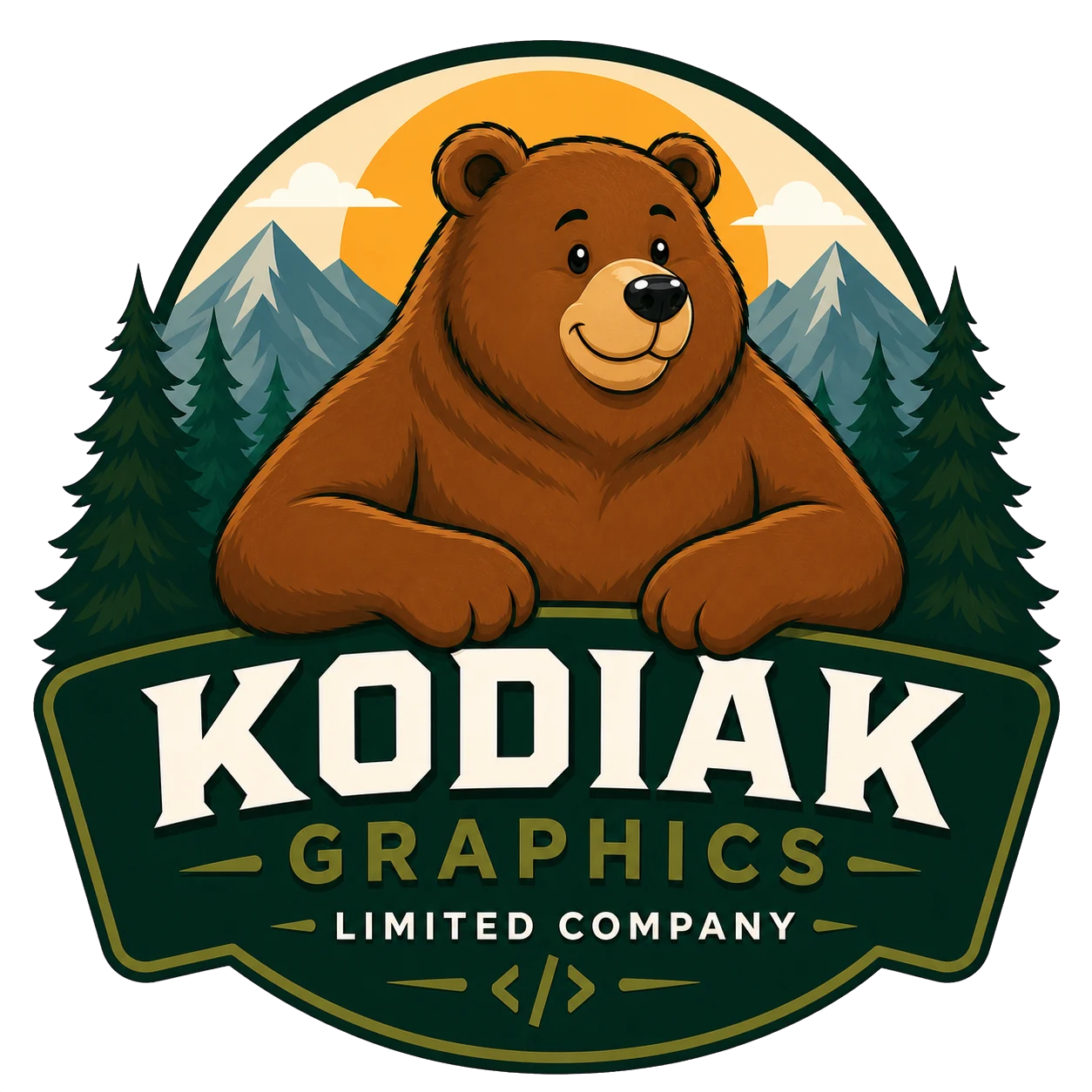 Kodiak Graphics logo with fuller Kodiak bear mascot