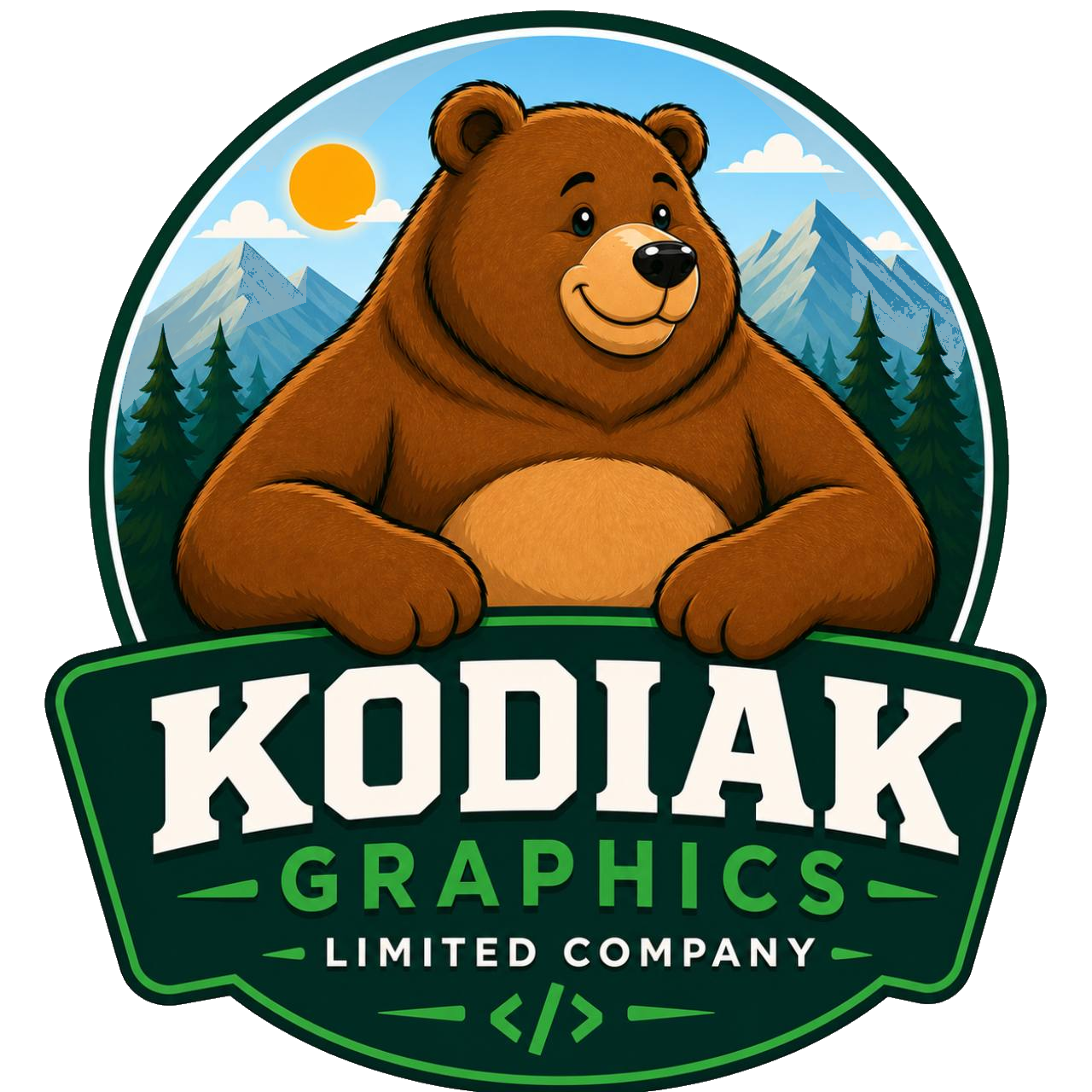 Kodiak Graphics logo with fuller Kodiak bear mascot