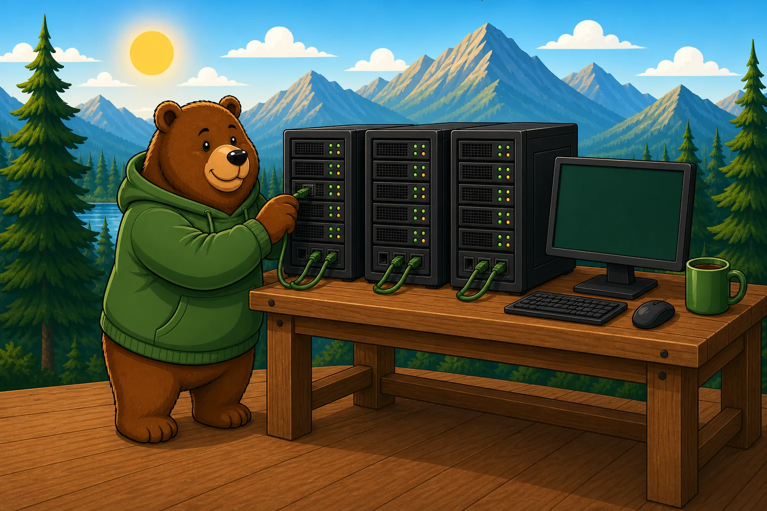 Kodiak bear setting up a small business web hosting server on a desk