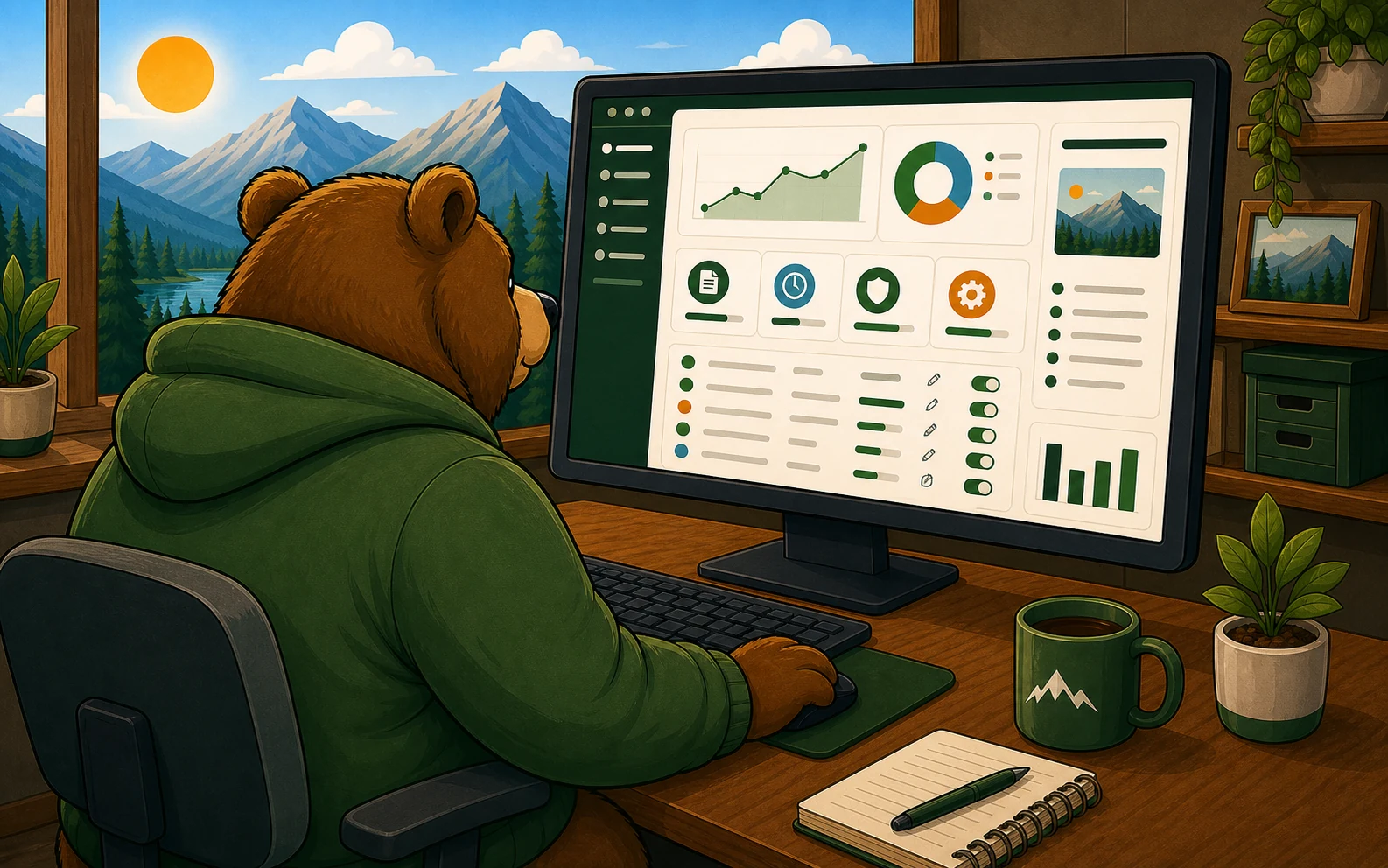 Kodiak bear managing a website dashboard at a desk