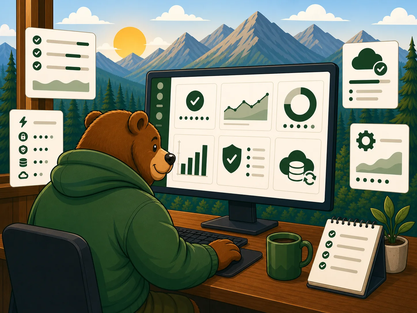Kodiak bear managing a small business website at a computer